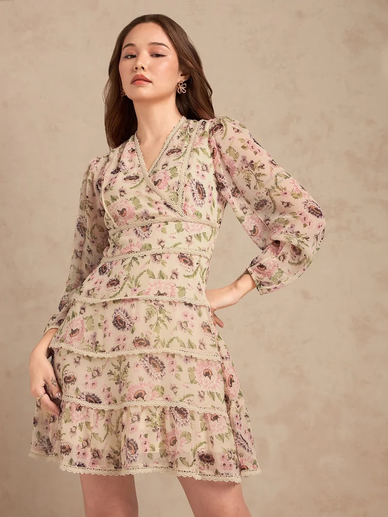Outzidr  Multi Floral Printed Dress With Lace Detailing for Women | Best Price UAE